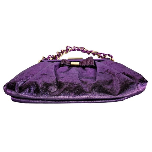 Fabiana Mori Italian Purple Satin Evening Bag Rhinestone Bow Chain Handle 2010s - Picture 6 of 12